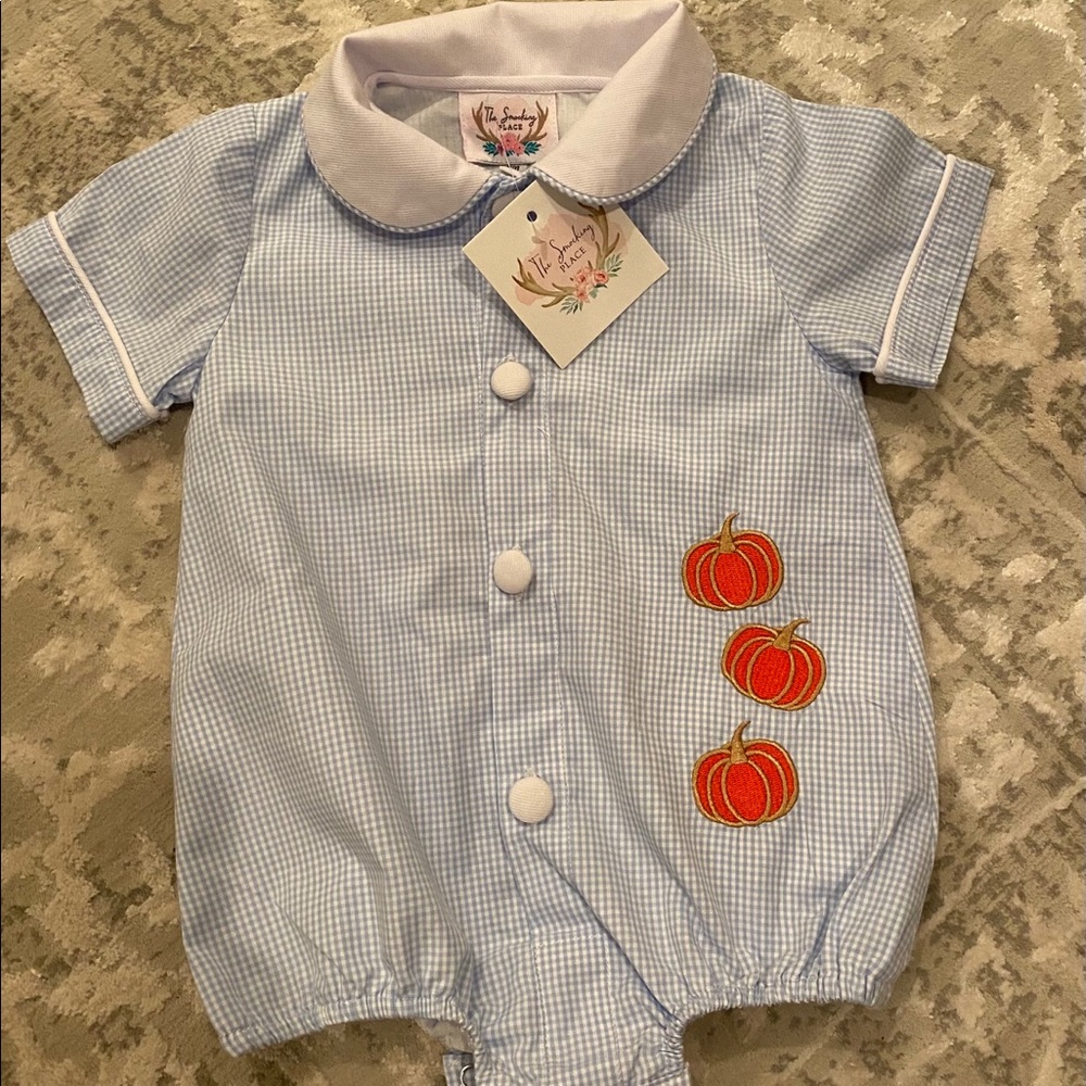 Smocking Place Pumpkin Appliqué Boy Bubble sz 6 M